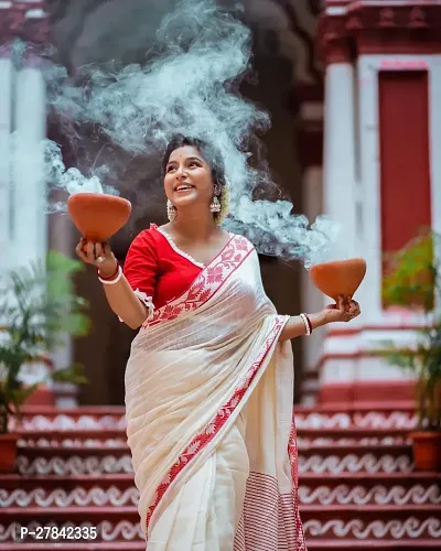 Red and White Cotton Blend Saree With Blouse Piece-thumb3