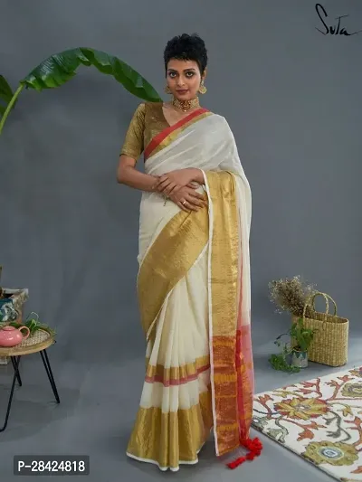 Cotton Blend Zari Saree With Blouse Piece-thumb0