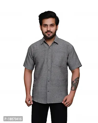 RAI's Men's Regular Fit Half Sleeves Plain Khadi Cotton Shirt (42, Grey)-thumb0