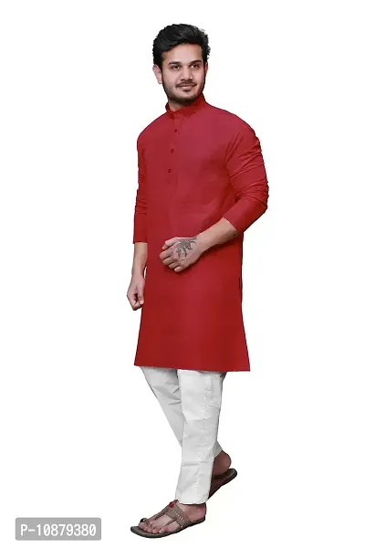 RAI's Men's Regular Solid Khadi Cotton Ethnic Wear Long Kurta (44, Red)