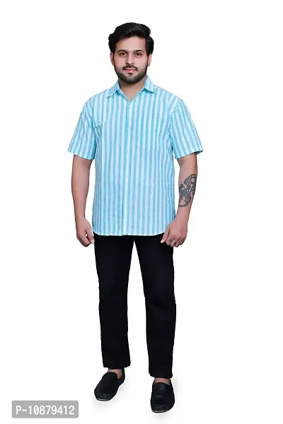 RAI's Men's Regular Fit Half Sleeves Stripped Khadi Cotton Shirt (Light Blue)-thumb5