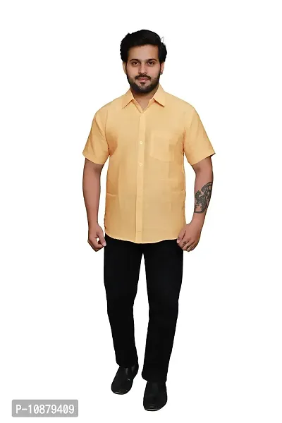 RAI's Men's Regular Fit Half Sleeves Plain Khadi Cotton Shirt (40, Lemon)-thumb5