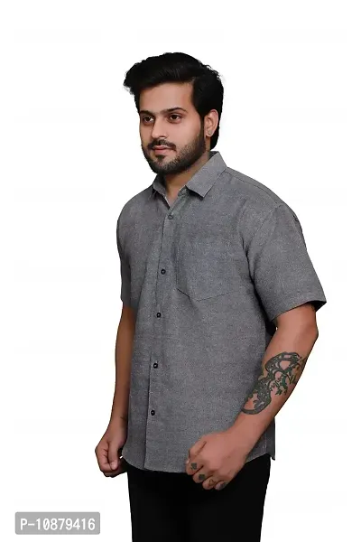 RAI's Men's Regular Fit Half Sleeves Plain Khadi Cotton Shirt (42, Grey)-thumb3