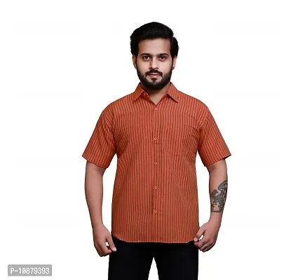 RAI's Men's Regular Fit Half Sleeves Gold Lining Khadi Cotton Shirt (40, Orange)