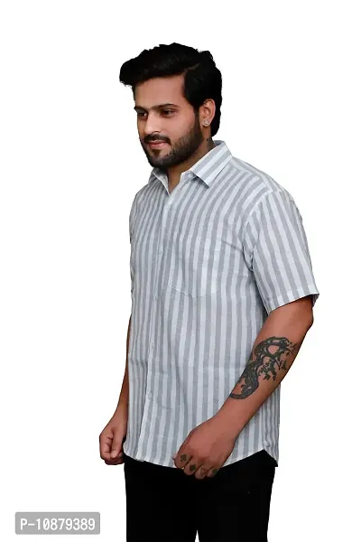 RAI's Men's Regular Fit Half Sleeves Stripped Khadi Cotton Shirt (Grey)-thumb3