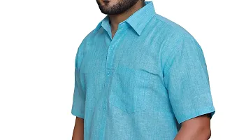 RAI's Men's Regular Fit Half Sleeves Light Self Khadi Cotton Shirt (42, Blue)-thumb3