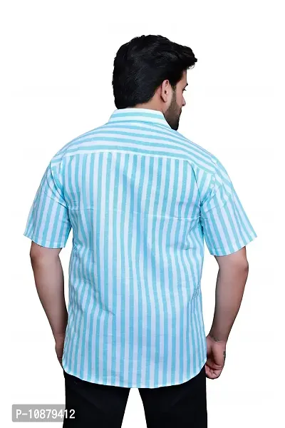 RAI's Men's Regular Fit Half Sleeves Stripped Khadi Cotton Shirt (Light Blue)-thumb2
