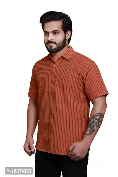 RAI's Men's Regular Fit Half Sleeves Gold Lining Khadi Cotton Shirt (40, Orange)-thumb3