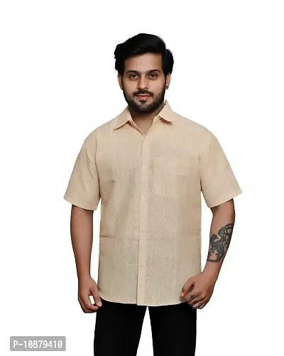 RAI's Men's Regular Fit Half Sleeves Light Self Khadi Cotton Shirt (40, Beige)