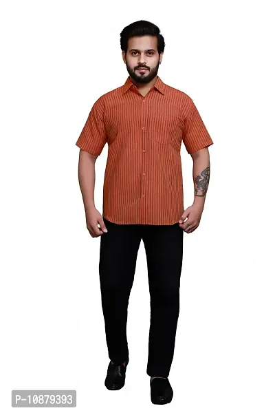 RAI's Men's Regular Fit Half Sleeves Gold Lining Khadi Cotton Shirt (40, Orange)-thumb5