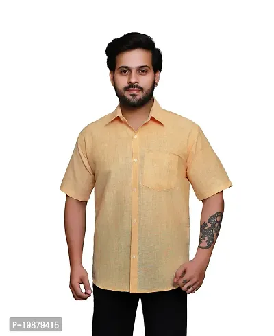 RAI's Men's Regular Fit Half Sleeves Light Self Khadi Cotton Shirt (44, Yellow)-thumb0