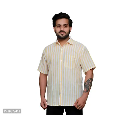 RAI's Men's Regular Fit Half Sleeves Stripped Khadi Cotton Shirt (Yellow)-thumb0