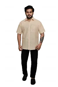 RAI's Men's Regular Fit Half Sleeves Light Self Khadi Cotton Shirt (40, Beige)-thumb4