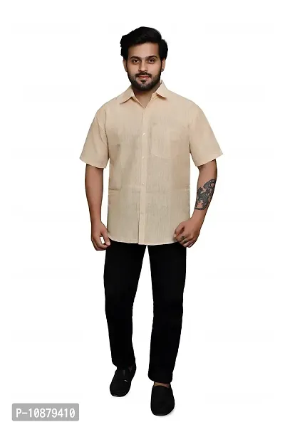 RAI's Men's Regular Fit Half Sleeves Light Self Khadi Cotton Shirt (40, Beige)-thumb5