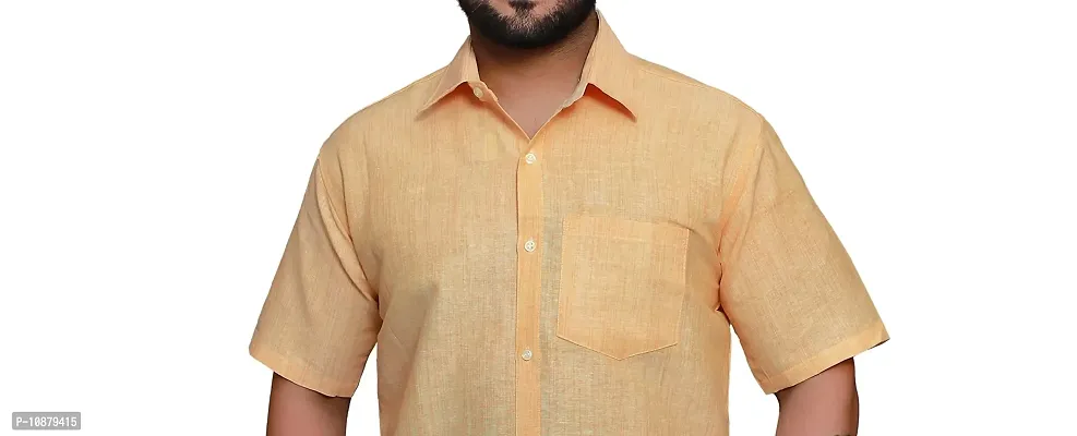 RAI's Men's Regular Fit Half Sleeves Light Self Khadi Cotton Shirt (44, Yellow)-thumb4