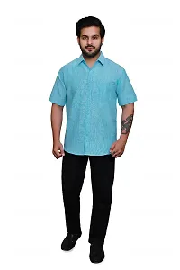 RAI's Men's Regular Fit Half Sleeves Light Self Khadi Cotton Shirt (42, Blue)-thumb4