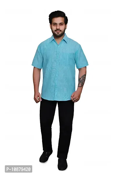 RAI's Men's Regular Fit Half Sleeves Light Self Khadi Cotton Shirt (42, Blue)-thumb5