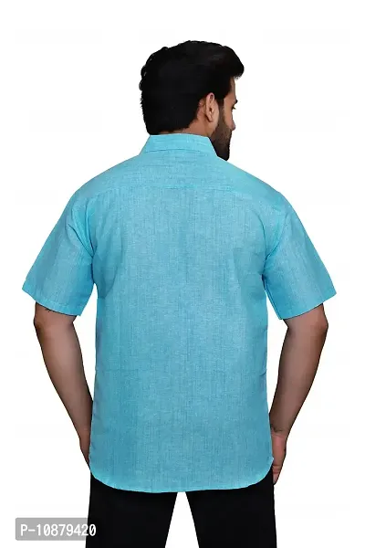 RAI's Men's Regular Fit Half Sleeves Light Self Khadi Cotton Shirt (42, Blue)-thumb2