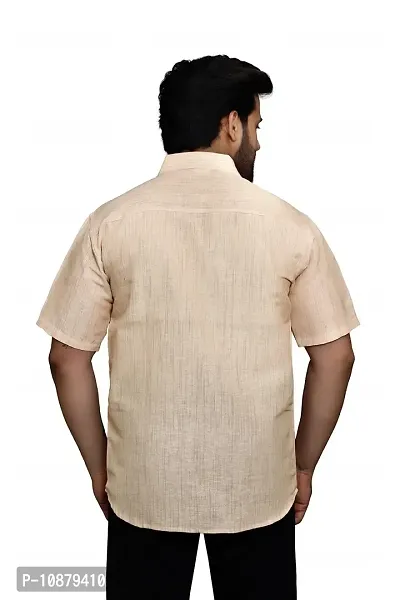 RAI's Men's Regular Fit Half Sleeves Light Self Khadi Cotton Shirt (40, Beige)-thumb2