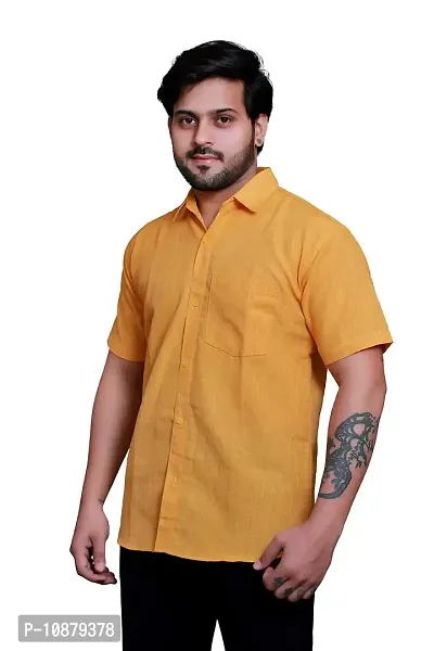 RAI's Men's Regular Fit Half Sleeves Khadi Cotton Shirt (40, Yellow)-thumb3