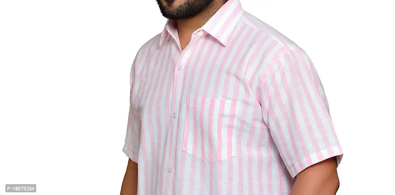 RAI's Men's Regular Fit Half Sleeves Stripped Khadi Cotton Shirt (Pink)-thumb4