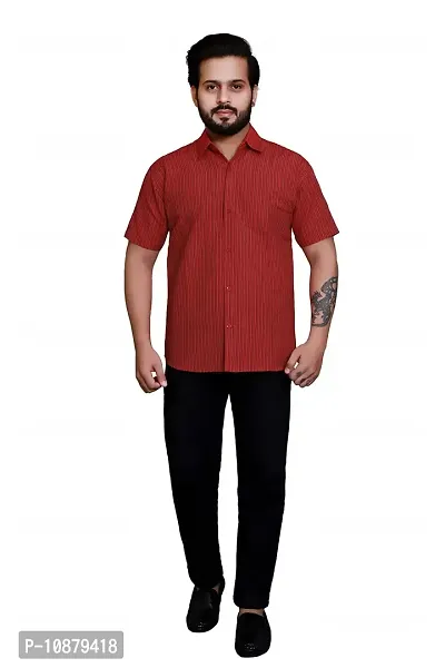 RAI's Men's Regular Fit Half Sleeves Gold Lining Khadi Cotton Shirt (42, Red)-thumb5