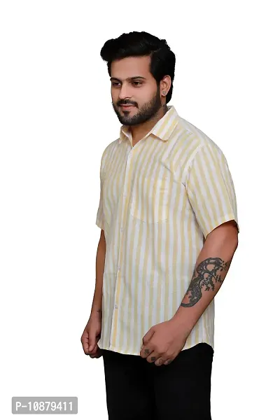 RAI's Men's Regular Fit Half Sleeves Stripped Khadi Cotton Shirt (Yellow)-thumb3