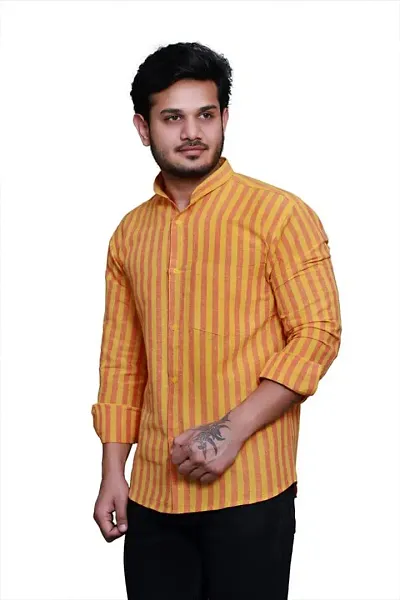 RAI's Men's Full Sleeves Mandarin Collar Striped Khadi Cotton Shirt