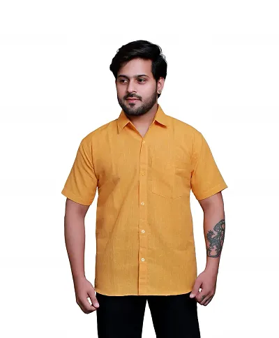 RAI's Men's Regular Fit Half Sleeves Khadi Shirt (40, Yellow)