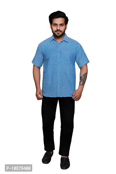 RAI's Men's Regular Fit Half Sleeves Plain Khadi Cotton Shirt (42, Blue)-thumb5