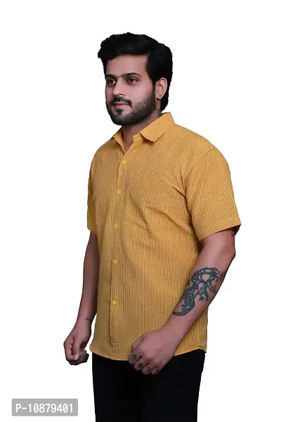 RAI's Men's Regular Fit Half Sleeves Black Lining Khadi Cotton Shirt (44, Yellow)-thumb3