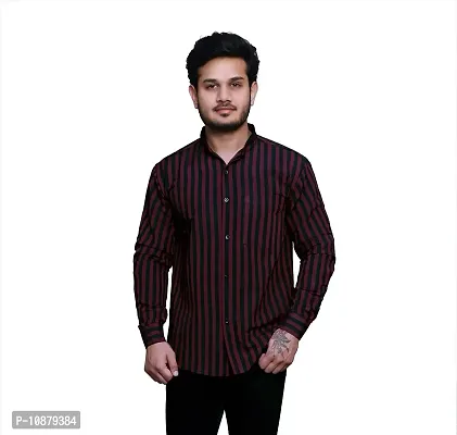 RAI's Men's Full Sleeves Mandarin Collar Striped Khadi Cotton Shirt (40, Black)-thumb3