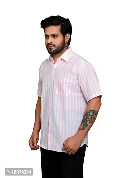 RAI's Men's Regular Fit Half Sleeves Stripped Khadi Cotton Shirt (Pink)-thumb3