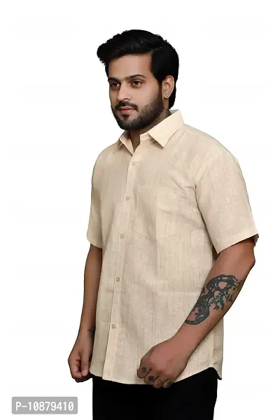 RAI's Men's Regular Fit Half Sleeves Light Self Khadi Cotton Shirt (40, Beige)-thumb3