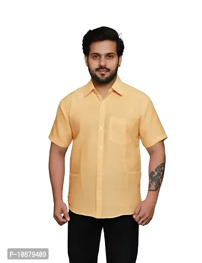 RAI's Men's Regular Fit Half Sleeves Plain Khadi Cotton Shirt (40, Lemon)-thumb0