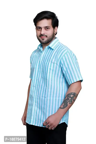RAI's Men's Regular Fit Half Sleeves Stripped Khadi Cotton Shirt (Light Blue)-thumb3