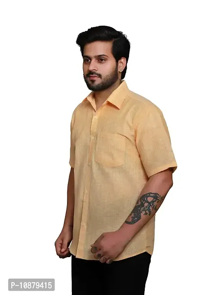 RAI's Men's Regular Fit Half Sleeves Light Self Khadi Cotton Shirt (44, Yellow)-thumb3