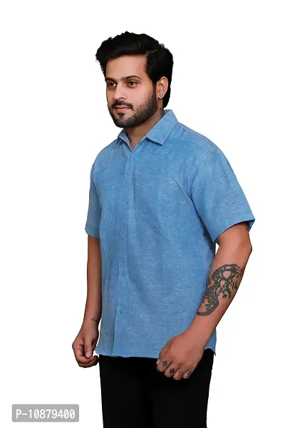 RAI's Men's Regular Fit Half Sleeves Plain Khadi Cotton Shirt (42, Blue)-thumb3