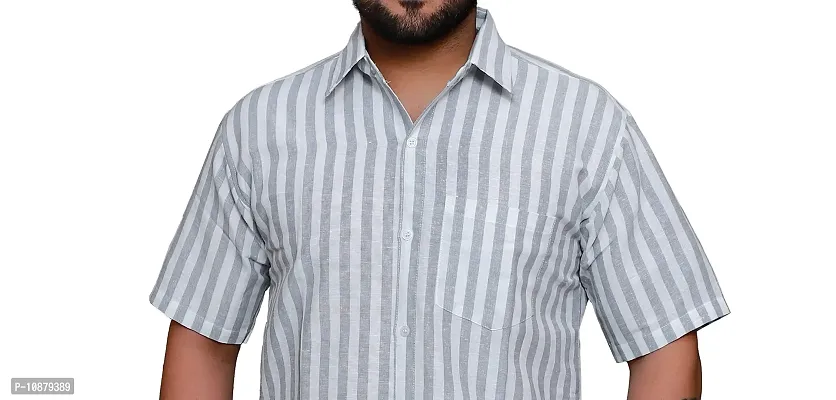 RAI's Men's Regular Fit Half Sleeves Stripped Khadi Cotton Shirt (Grey)-thumb4