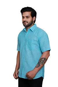 RAI's Men's Regular Fit Half Sleeves Light Self Khadi Cotton Shirt (42, Blue)-thumb2