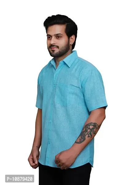 RAI's Men's Regular Fit Half Sleeves Light Self Khadi Cotton Shirt (42, Blue)-thumb3