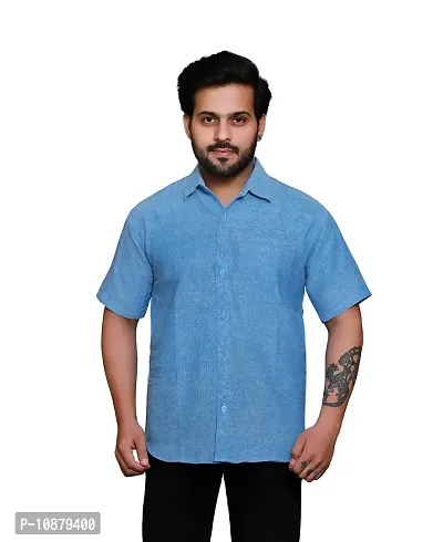 RAI's Men's Regular Fit Half Sleeves Plain Khadi Cotton Shirt (42, Blue)