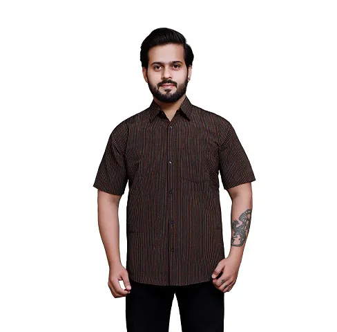 RAI's Men's Regular Fit Half Sleeves Lining Khadi Shirt (44, Black)