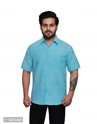 RAI's Men's Regular Fit Half Sleeves Light Self Khadi Cotton Shirt (42, Blue)-thumb0