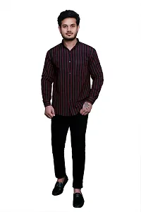 RAI's Men's Full Sleeves Mandarin Collar Striped Khadi Cotton Shirt (40, Black)-thumb4