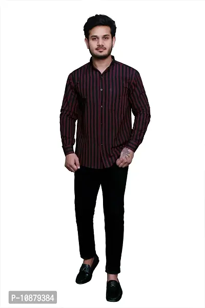 RAI's Men's Full Sleeves Mandarin Collar Striped Khadi Cotton Shirt (40, Black)-thumb5