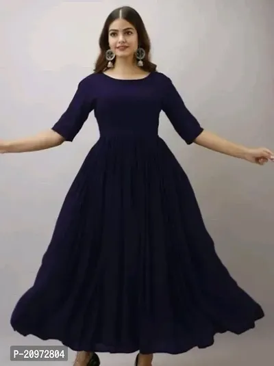 Stylish Navy Blue Rayon Stitched Ethnic Gown For Women-thumb0