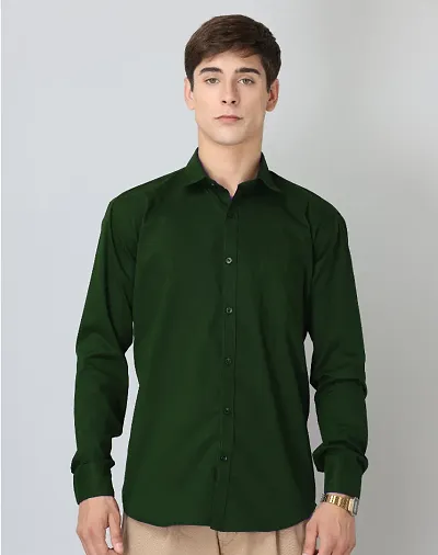 Classic Green Plain Twill Cotton Shirt For Man