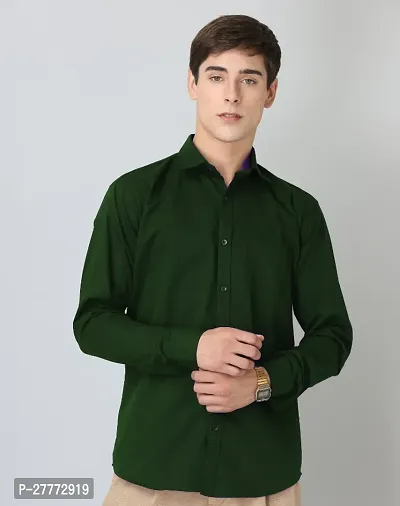 Classic Green Plain Twill Cotton Shirt For Man-thumb3
