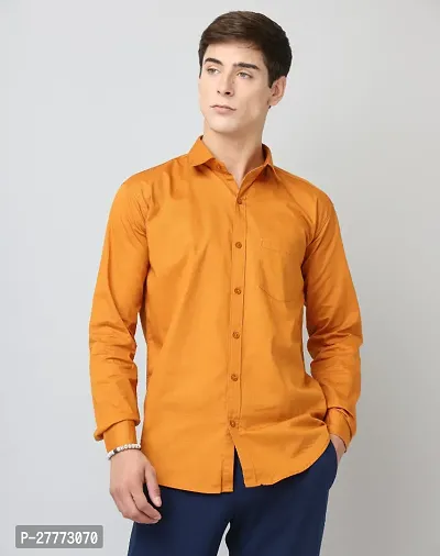 Classic Mustard Plain Twill Cotton Shirt For Man-thumb3
